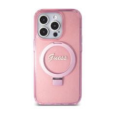 Guess Guess Ring Stand Script Glitter MagSafe - ohišje za iPhone 15 Pro (roza)