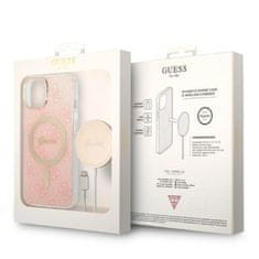 Guess Guess Bundle Pack MagSafe 4G - MagSafe ohišje za iPhone 14 Plus + komplet polnilnika (roza/zlata)