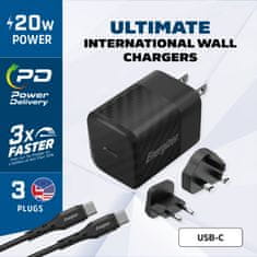 Energizer Energizer Ultimate - Multiplug EU / UK / US GaN USB-C 20W PD omrežni polnilec + kabel USB-C (črn)