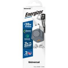 Energizer Energizer Ultimate - Multiplug EU / UK / US GaN USB-C in USB-A 38W PD + omrežni polnilec QC3.0 (srebrna)