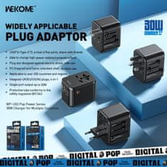 Wekome WEKOME WP-U03 Pop Digital Series - EU / UK / US / AU potovalni polnilec / adapter + 3x USB-C in 2x USB-A 30W (črna)