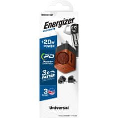 Energizer Energizer Ultimate - Multiplug EU / UK / US GaN USB-C 20W PD omrežni polnilec (oreh)