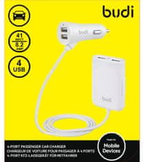 Budi Budi - Avtomobilski polnilec 4x USB, 41W + razdelilnik na 1,8 m kablu (bela)