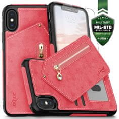 ZIZO Zizo Nebula Wallet Case - Usnjeni ovitek za iPhone X z žepi za kartice + torbica z zadrgo + 9H steklo za zaslon (roza/črna)