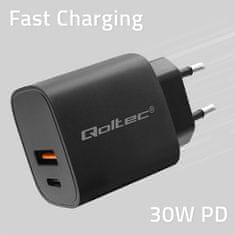 Qoltec qoltec gan power pro polnilec | 1xusb-c | 1xusb | 30w | 5-20v | 1,5-3a | črna