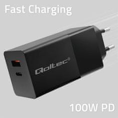 Qoltec qoltec gan power pro polnilec | 1xusb tip c | 1xusb a | 100w | 5-20v | 1,5-5a | pd | črna