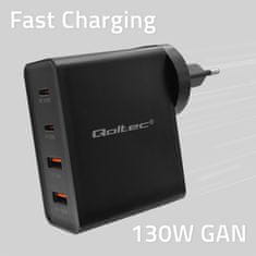 Qoltec qoltec gan power pro polnilec | 2xusb-c | 2xusb | 130w | 5-20v | 1,5-5a | pd | črna