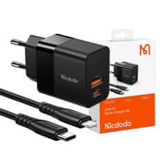 Mcdodo Stenski polnilec Mcdodo CH-1952 USB + USB-C, 20W + kabel USB-C z Lightning (črn)