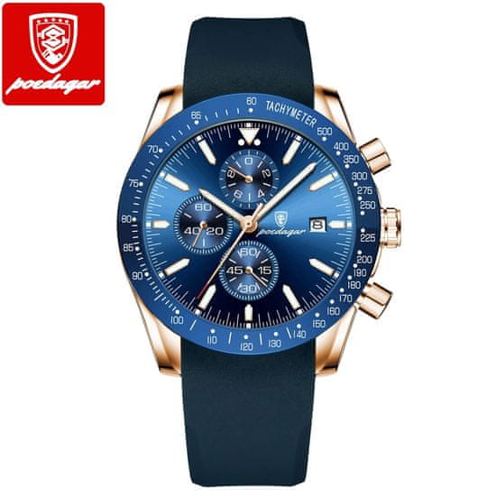 POEDAGAR POEDAGAR 988 Luksuzni Chronograph Watch za moške: , svetleči datum, tedenski šport, silikonski trak, elegantno zapestje, iz nerjavečega jekla Blue-Gold / Silicone