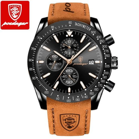 POEDAGAR POEDAGAR 988 Luksuzni Chronograph Watch za moške: , svetleči datum, tedenski šport, silikonski trak, elegantno zapestje, iz nerjavečega jekla Black-Brown / Leather