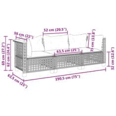 Vidaxl Vrtni kavč z blazinami 3-sedežni črn poli ratan