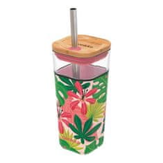 QUOKKA Liquid Cube skodelica s slamico 540 ml, pink jungle flora