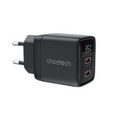 Choetech Majhen zmogljiv omrežni polnilnik GaN 2x USB-C PD 35W z zaslonom črne barve