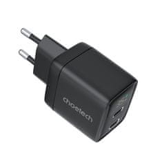 Choetech Majhen zmogljiv omrežni polnilnik GaN 2x USB-C PD 35W z zaslonom črne barve