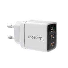 Choetech Majhen zmogljiv omrežni polnilnik GaN 2x USB-C PD 35W z zaslonom bele barve