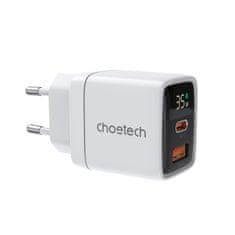 Choetech Majhen zmogljiv omrežni polnilec GaN USB-A USB-C PD 35W z zaslonom bele barve