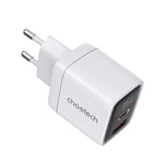 Choetech Majhen zmogljiv omrežni polnilec GaN USB-A USB-C PD 35W z zaslonom bele barve