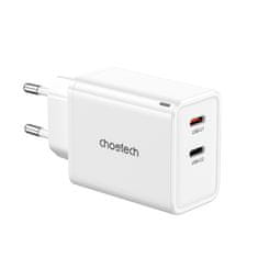 Choetech GaN 2x USB-C PD 65W omrežni polnilec bele barve