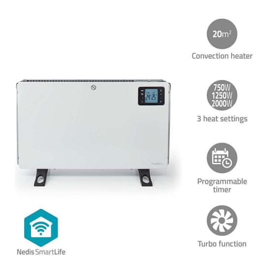 Nedis Konvekcijski grelnik SmartLife | Wi-Fi | 2000 W | 3 Nastavitve toplote | LCD | 5 - 37 °C | Nastavljiv termostat | Bela