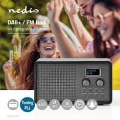 Nedis DAB+ radio | Oblikovanje mize | DAB+ / FM | 1,3" | Črno bel zaslon | Napajanje iz baterije / USB napajanje | Digitalno | 4,5 W | Bluetooth | Budilka | Časovnik za izklop | Črna 