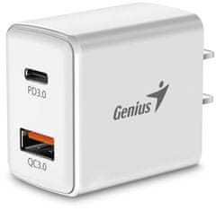 Genius Polnilec PD-20AC, 20 W, hitro polnjenje, USB-C PD3.0, USB-A QC3.0, bel