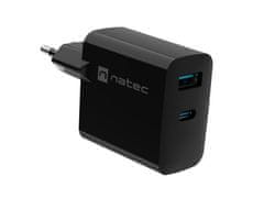 Natec Univerzalni polnilec USB RIBERA GaN 65W, 1x USB-A, 1x USB-C, črn