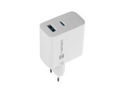 Natec Univerzalni polnilec USB RIBERA GaN 1X USB-A + 1X USB-C 65W, bel