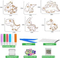 Netscroll Komplet za slikanje s kristali in izdelovanje obeskov, ustvarjalni komplet za otroke, 6x akrilnimi obeski, 6x barve, diamanti , spodbuja motorične spretnosti, darilo za otroke, ArtCraft Dinozavri