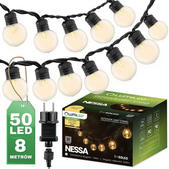 LUMILED Vrtna svetilka LED svetlobna veriga 8m GIRLANDA NESSA s 50x LED dekorativne kroglice 3000K Toplo bela