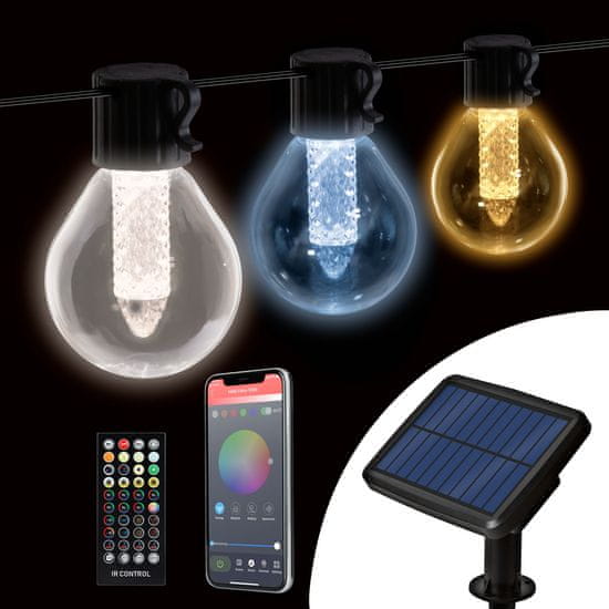 GARDEN OF EDEN LED bluetooth solarni niz v obliki žarnic 15 LED toplo / hladno bela