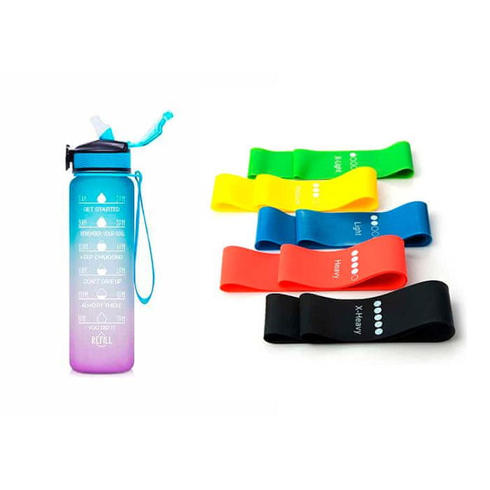Netscroll Fit komplet 2v 1: Motivacijska steklenica za vodo z časovnimi oznakami in spodbudnimi frazami + 5 elastičnih trakov z 5 stopnjami odpornosti za vadbo, za ljubitelje aktivnega življenja, BottleBundle