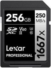 Lexar Lexarjeva pomnilniška kartica 256GB Professional 1667x SDXC UHS-II, (branje/pisanje: 250/120 MB/s) C10 V60 U3