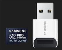 Samsung Spominska kartica 512GB PRO Ultimate CL10 Micro SDXC Grade 3 (no/z: do 200/130MBs) + adapter USB