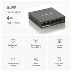 Mercusys MS105GP - 5-portno gigabitno namizno stikalo s 4 priključki PoE+, 5× 10/100/1000 Mbps RJ45