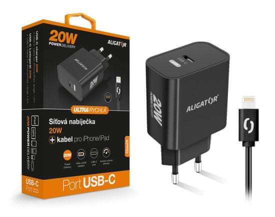 Aligator Power Delivery 20W pametni omrežni polnilnik, kabel USB-C za iPhone/iPad, črn