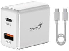 Genius PD-20ACP, napajalnik, univerzalni, 20 W, 1 × USB-C, 1 × USB, PD 3.0, QC 3.0, bel + 1 m kabla USB-C