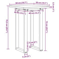 Vidaxl Jedilna miza O okvir 50x50x75,5 cm trdna borovina lito železo