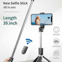 Netscroll Palica za selfije s trinožnim stojalom, daljinskim upravljalnikom in LED lučko, daljinsko upravljanje, tripod stojalo, selfie palica z nastavljivo dolžino, SelfieStick