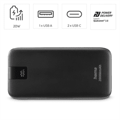 Hama PD 20 powerbank, 20000 mAh, 3 izhodi: 2x USB-C, 1x USB-A, LED zaslon, PD, Qualcomm