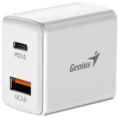 Genius PD-20ACP komplet za hitro polnjenje, 20 W, hitro polnjenje, USB-C PD3.0, USB-A QC3.0, 1 m kabla USB-C USB-C, bela