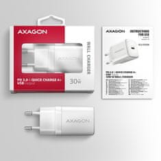 AXAGON ACU-PD30W, polnilec 30 W, 1x vrata USB-C, PD3.0/PPS/QC4+/SFC/AFC/Apple, bel