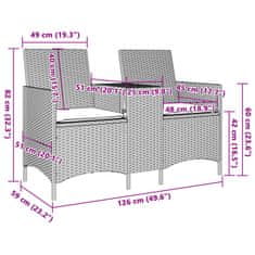 Vidaxl Vrtni kavč dvosed z mizo in blazinami svetlo siv poli ratan