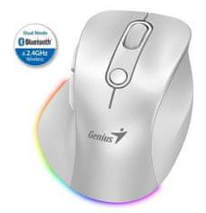 Genius Ergo 9000S Pro Mouse, brezžična, optična, 2400DPI, 6 gumbov, BT, 2,4 GHz, polnjenje USB-C, tiha, 7-barvna osvetlitev, bela