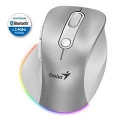 Genius Ergo 9000S Pro Mouse, brezžična, optična, 2400DPI, 6 gumbov, BT, 2,4 GHz, polnjenje USB-C, tiha, 7-barvna osvetlitev, srebrna