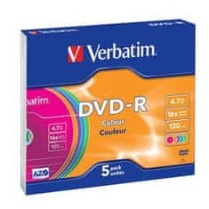 Verbatim DVD-R 4,7 GB (120min) 16x barvna tanka škatlica, 5 kosov/paket