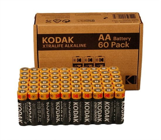 Kodak Alkalne AA baterije Kodak XTRALIFE, 60 kosov, kapaciteta 2700 mAh, dolga življenjska doba in širok temperaturni razpon.