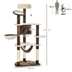 PAWHUT Praskalnik Xxl Z Mačjo Votlino In Visečo Mrežo, Večstopenjski Center Za Več Aktivnosti Cat Tree, Pliš, Rjav, 213X91X122 Cm 