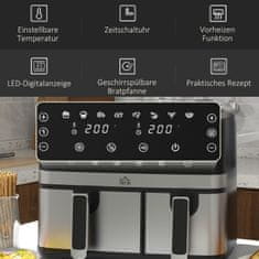 HOMCOM Cvrtnik Na Vroč Zrak 8,5 L Z Dvojno Komoro 8V1 Recept Airfryer S Prevleko Proti Prijemanju, Zaslon Na Dotik, Pametni Časovnik Brez Olja, Črna 