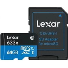 Lexar Lexar 64 GB visoko zmogljivega 633x microSDHC UHS-I, do 100 MB/s branje 20 MB/s pisanje Lexar | Spominska kartica | LMS0633064G-BNNNG | 64 GB | microSDXC | Flash pomnilnik razreda UHS-I