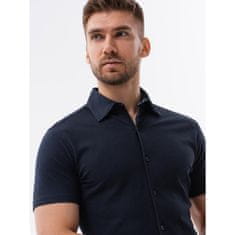 OMBRE Moška pletena majica tankega kroja s kratkimi rokavi in ovratnikom temno modra MDN126140 S